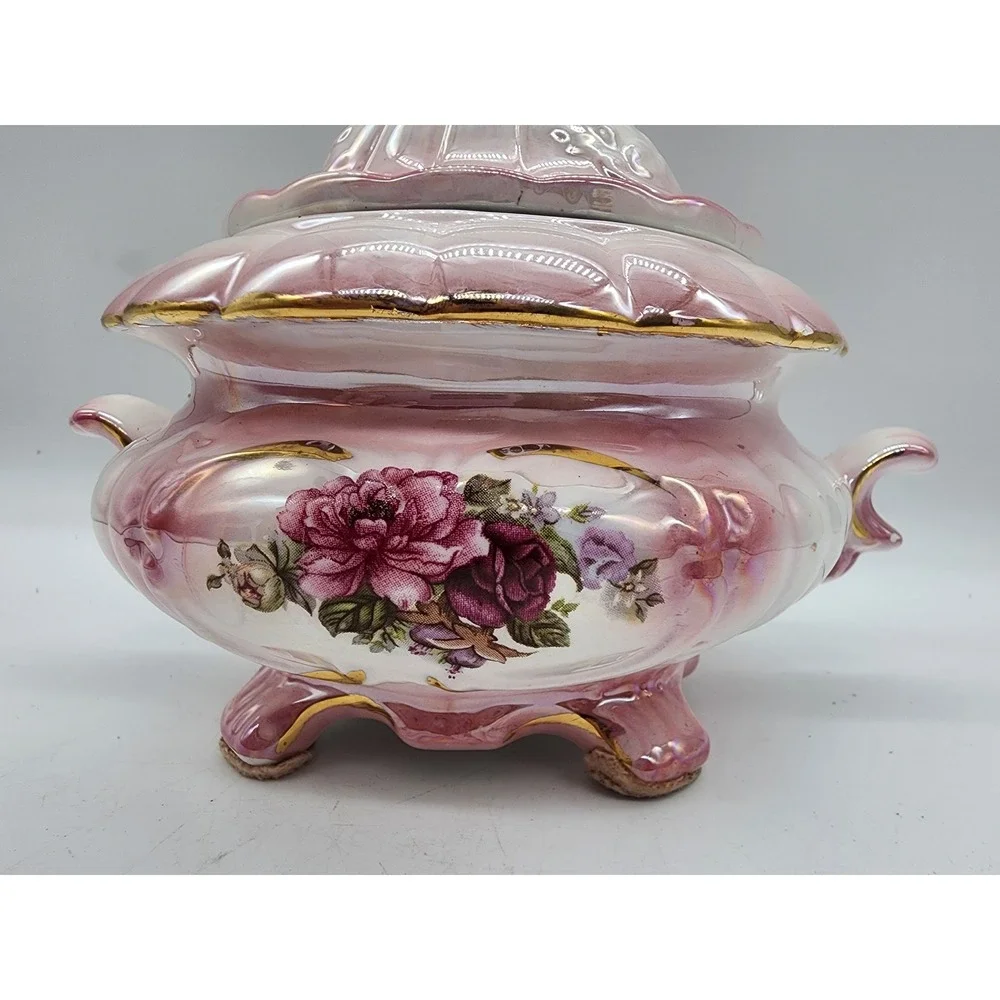 Vintage Pink Lusterware Floral Ceramic Lidded Dish Gold Trim Footed Tureen 6x7